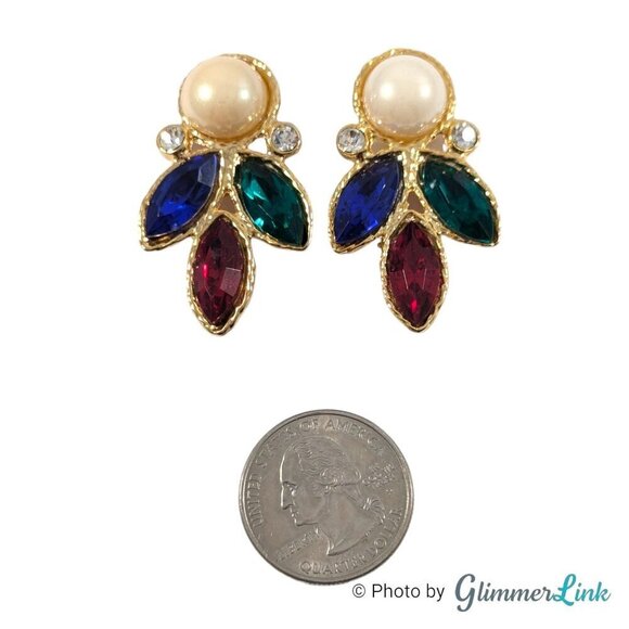 VTG Large Multicolor Acrylic Rhinestones Faux Pearl Gold Tone Clip On Earrings - Picture 5 of 8